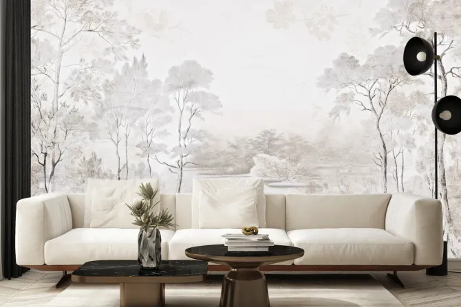 Fototapeta: Krajobraz z drzewami i rzeką w beżach