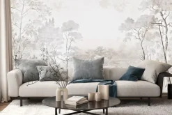 Fototapeta: Krajobraz z drzewami i rzeką w beżach