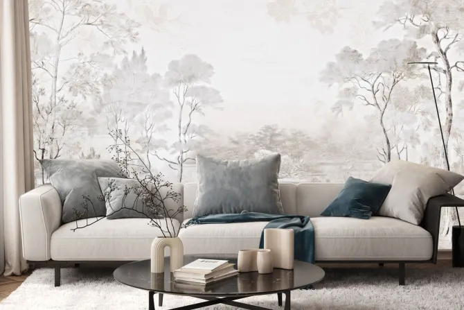 Fototapeta: Krajobraz z drzewami i rzeką w beżach