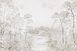 Fototapeta: Krajobraz z drzewami i rzeką w beżach