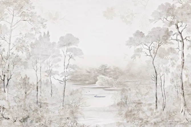 Fototapeta: Krajobraz z drzewami i rzeką w beżach