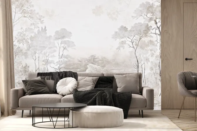 Fototapeta: Krajobraz z drzewami i rzeką w beżach