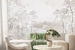 Fototapeta: Krajobraz z drzewami i rzeką w beżach