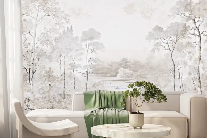 Fototapeta: Krajobraz z drzewami i rzeką w beżach