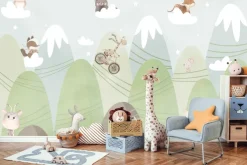 Fototapeta: Krajobraz z górami zwierzątka na chmurach bajkowa sceneria