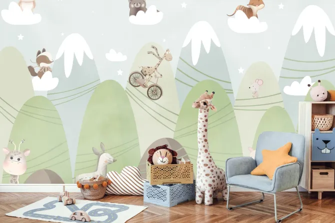 Fototapeta: Krajobraz z górami zwierzątka na chmurach bajkowa sceneria