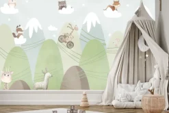 Fototapeta: Krajobraz z górami zwierzątka na chmurach bajkowa sceneria