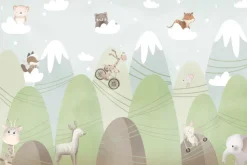 Fototapeta: Krajobraz z górami zwierzątka na chmurach bajkowa sceneria