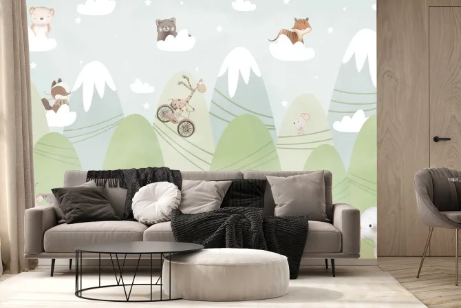 Fototapeta: Krajobraz z górami zwierzątka na chmurach bajkowa sceneria