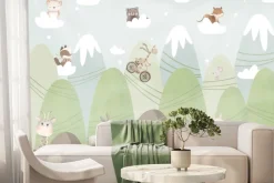 Fototapeta: Krajobraz z górami zwierzątka na chmurach bajkowa sceneria