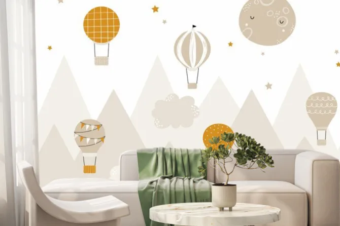 Fototapeta: Krajobraz z górami i balonami w skandynawskim stylu