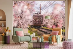 Fototapeta: Krajobraz z pociągiem i kwitnącą wiśnią w kioto