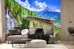 Fototapeta: Krajobraz z wodospadem i pociągiem na moście