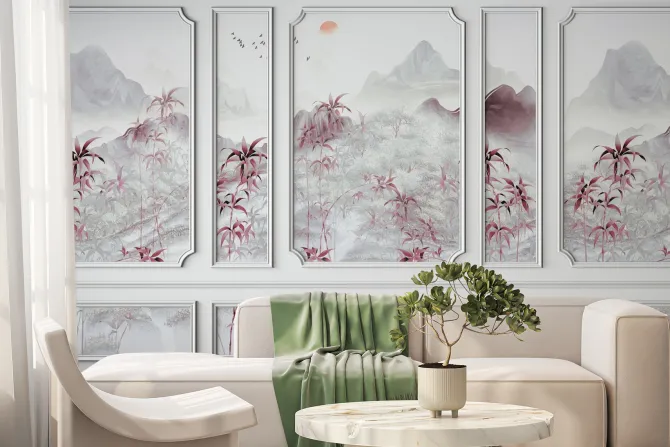 Fototapeta: Krajobraz z zachodem słońca w stylu chińskim