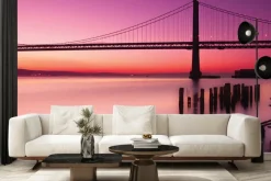 Fototapeta: Krajobraz z zachodem słońca i mostem na tle różowego nieba