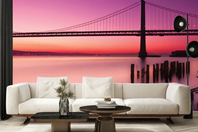 Fototapeta: Krajobraz z zachodem słońca i mostem na tle różowego nieba