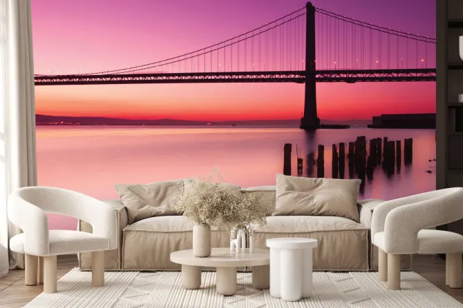 Fototapeta: Krajobraz z zachodem słońca i mostem na tle różowego nieba