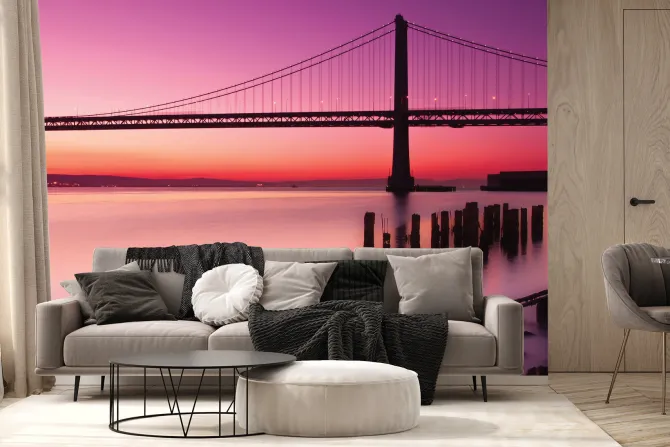 Fototapeta: Krajobraz z zachodem słońca i mostem na tle różowego nieba