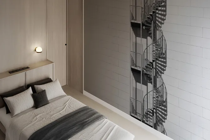 Fototapeta: Kręcone schody na białej ceglanej ścianie