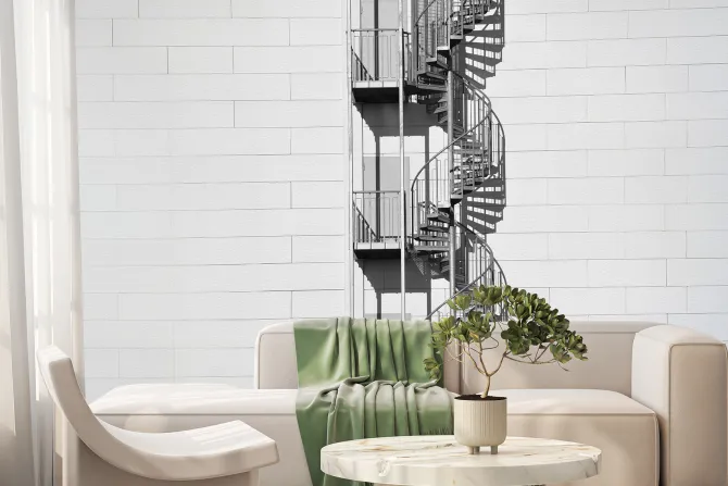 Fototapeta: Kręcone schody na białej ceglanej ścianie