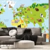 Fototapeta: Kreskówkowa mapa świata ze zwierzętami kontynentów