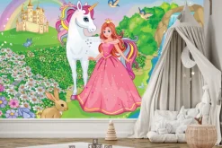 Fototapeta: Księżniczka i jednorożec w bajkowej krainie z zamkiem