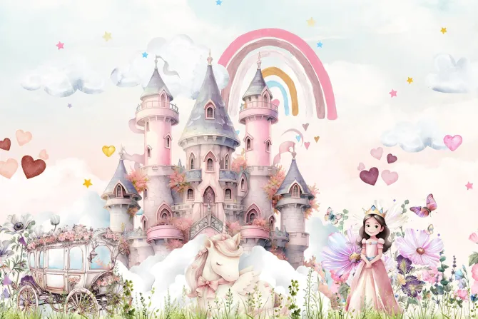 Fototapeta: Księżniczka na tle zamku z magicznym jednorożcem