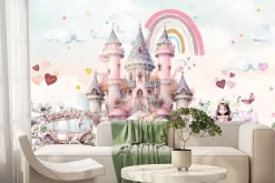 Fototapeta: Księżniczka na tle zamku z magicznym jednorożcem