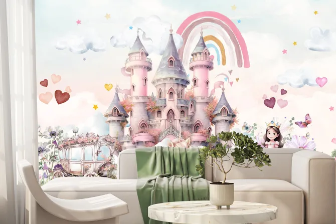 Fototapeta: Księżniczka na tle zamku z magicznym jednorożcem