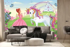 Fototapeta: Księżniczka z jednorożcem w bajkowej krainie na tle zamku