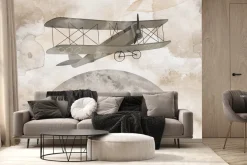 Fototapeta: Księżyc i samolot w pastelowej akwarelowej ilustracji