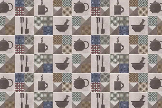 Fototapeta: Kwadratowe kafelki z naczyniami kuchennymi