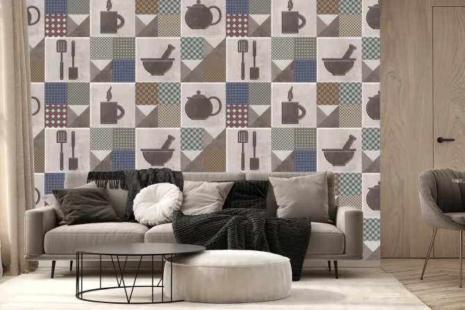 Fototapeta: Kwadratowe kafelki z naczyniami kuchennymi