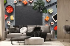 Fototapeta: Kwadratowy czarny łupek z sushi na szarym tle