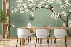 Fototapeta: Kwiat wiśni z ptakami na zielonym tle