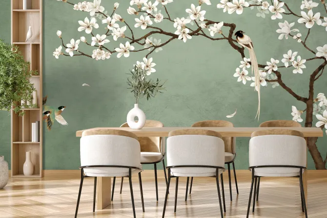 Fototapeta: Kwiat wiśni z ptakami na zielonym tle