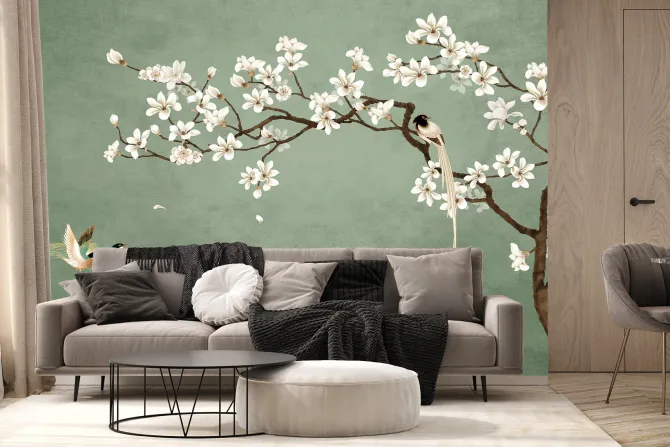 Fototapeta: Kwiat wiśni z ptakami na zielonym tle