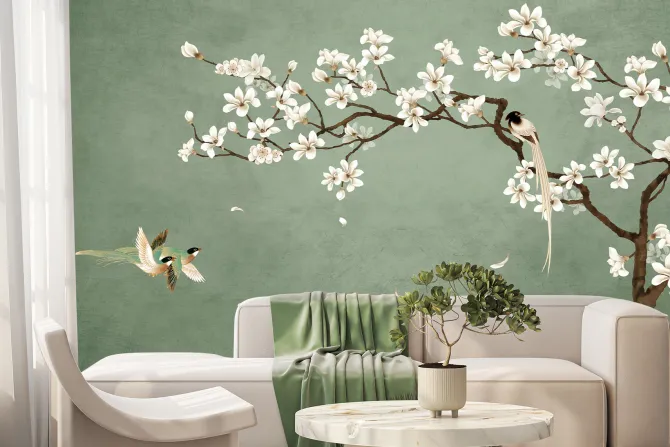 Fototapeta: Kwiat wiśni z ptakami na zielonym tle