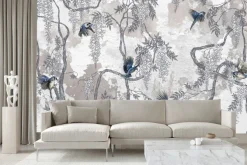 Fototapeta: Kwiatowe drzewa z ptakami na betonie