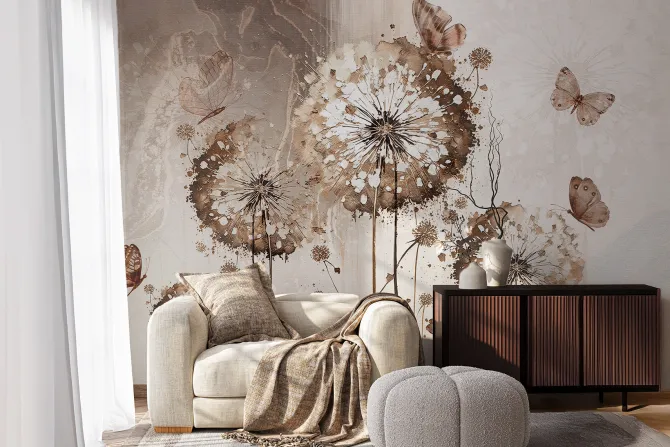 Fototapeta: Kwiaty dmuchawce i motyle na tle z teksturą elegancki wzór