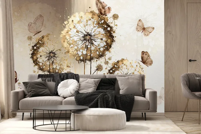 Fototapeta: Kwiaty dmuchawce i motyle na tle z teksturą elegancki wzór