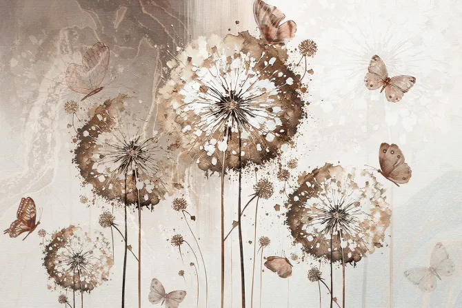 Fototapeta: Kwiaty dmuchawce i motyle na tle z teksturą elegancki wzór
