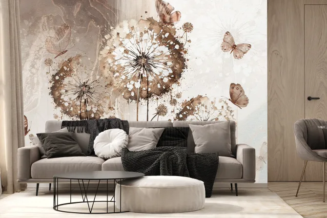 Fototapeta: Kwiaty dmuchawce i motyle na tle z teksturą elegancki wzór