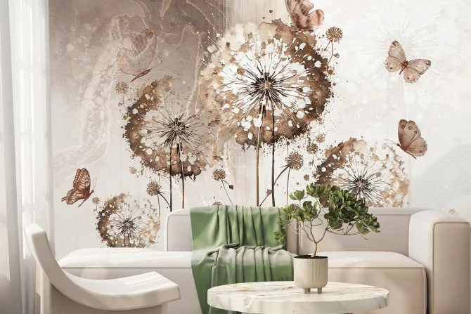 Fototapeta: Kwiaty dmuchawce i motyle na tle z teksturą elegancki wzór