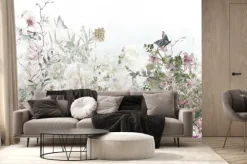 Fototapeta: Kwiaty gałązki i motyle na polanie w stonowanych kolorach