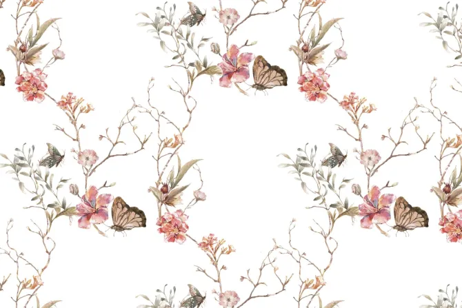 Fototapeta: Kwiaty i motyle na gałązkach w stylu akwareli delikatna ilustracja