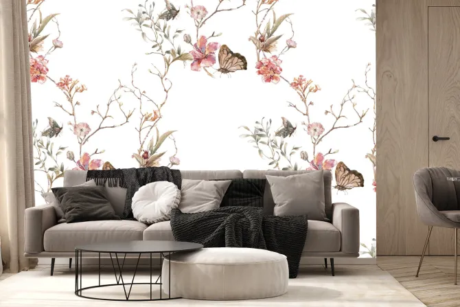 Fototapeta: Kwiaty i motyle na gałązkach w stylu akwareli delikatna ilustracja