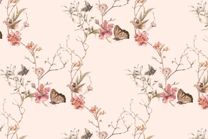 Fototapeta: Kwiaty i motyle na gałązkach w stylu akwareli delikatna ilustracja