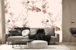 Fototapeta: Kwiaty i motyle na gałązkach w stylu akwareli delikatna ilustracja