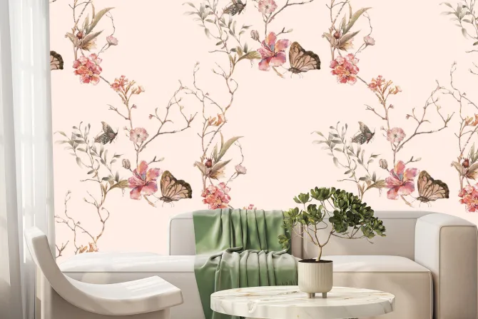 Fototapeta: Kwiaty i motyle na gałązkach w stylu akwareli delikatna ilustracja